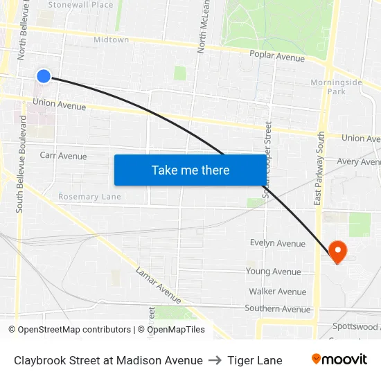 Claybrook Street at Madison Avenue to Tiger Lane map