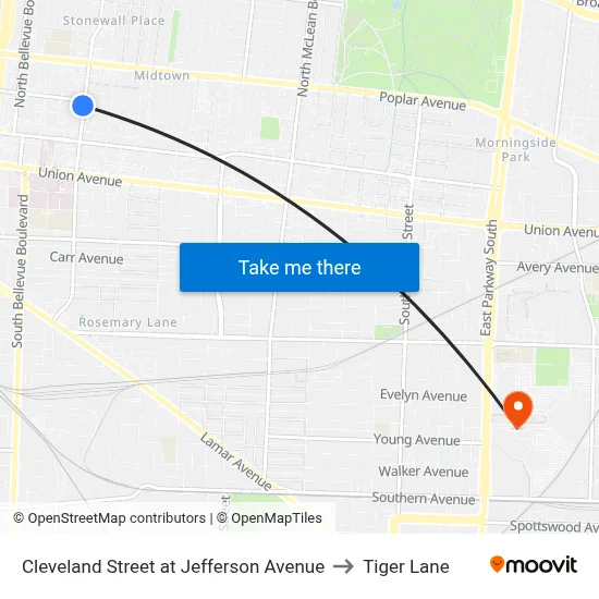 Cleveland Street at Jefferson Avenue to Tiger Lane map