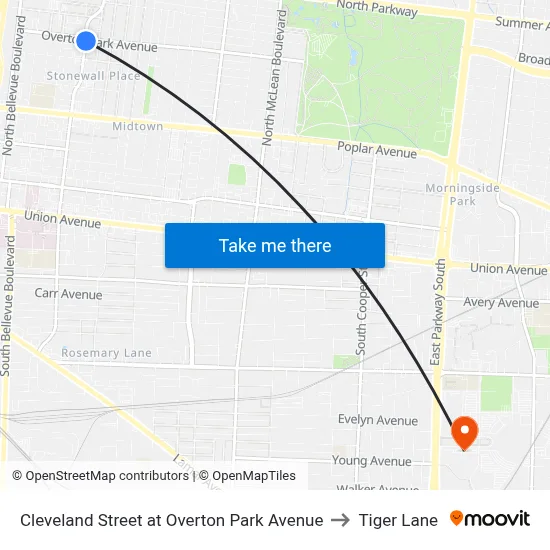Cleveland Street at Overton Park Avenue to Tiger Lane map