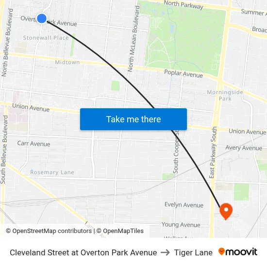 Cleveland Street at Overton Park Avenue to Tiger Lane map