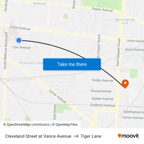 Cleveland Street at Vance Avenue to Tiger Lane map