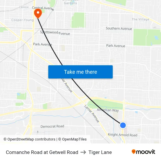 Comanche Road at Getwell Road to Tiger Lane map