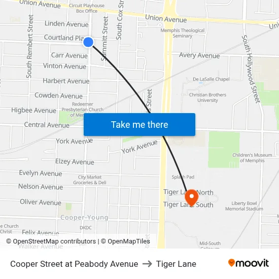 Cooper Street at Peabody Avenue to Tiger Lane map