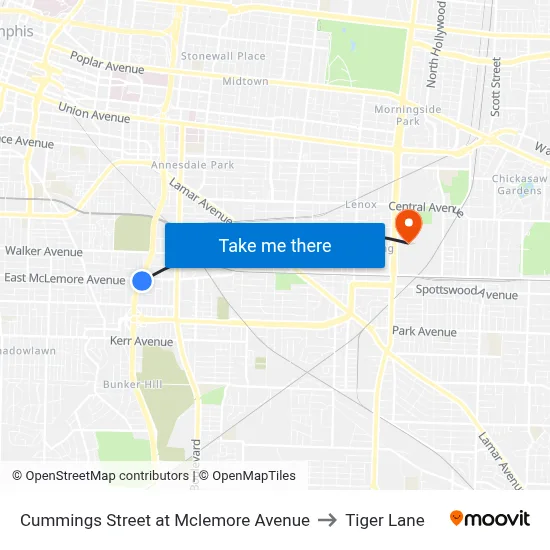 Cummings Street at Mclemore Avenue to Tiger Lane map