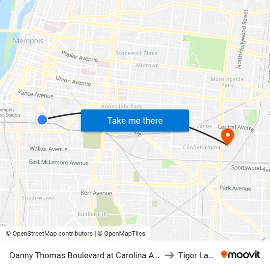 Danny Thomas Boulevard at Carolina Ave to Tiger Lane map