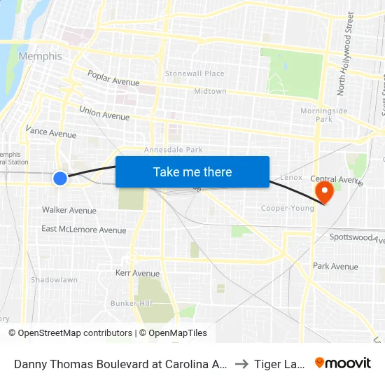 Danny Thomas Boulevard at Carolina Ave to Tiger Lane map