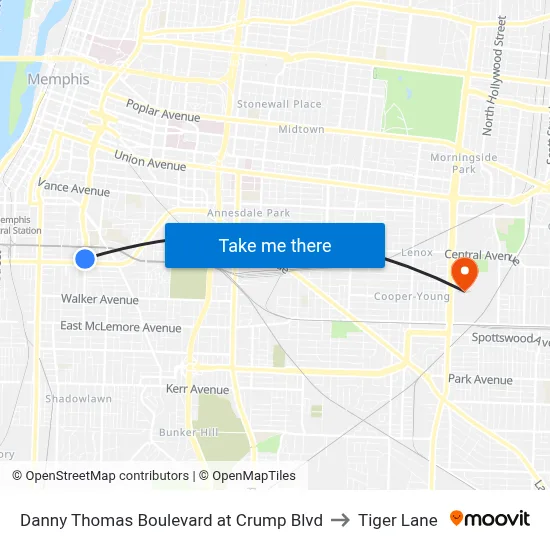 Danny Thomas Boulevard at Crump Blvd to Tiger Lane map