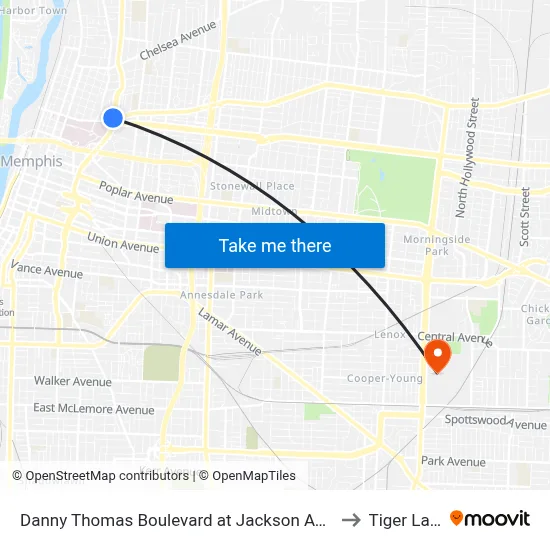 Danny Thomas Boulevard at Jackson Avenue to Tiger Lane map