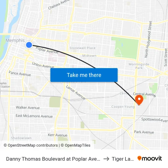 Danny Thomas Boulevard at Poplar Avenue to Tiger Lane map