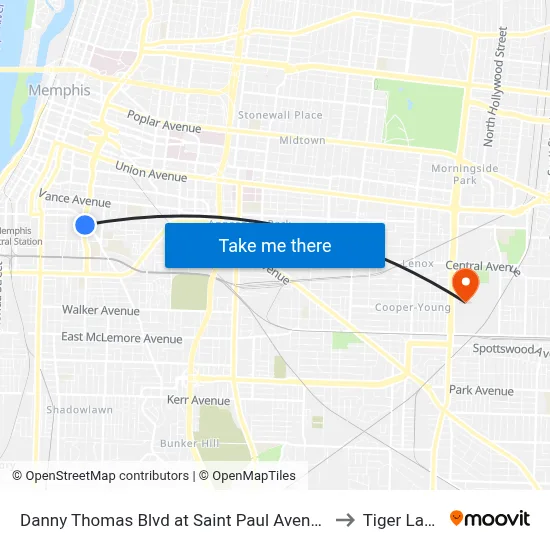 Danny Thomas Blvd at Saint Paul Avenue to Tiger Lane map
