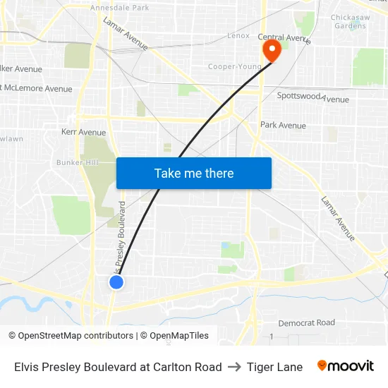 Elvis Presley Boulevard at Carlton Road to Tiger Lane map