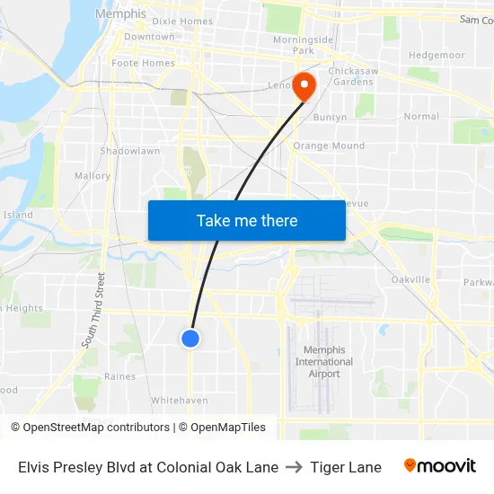 Elvis Presley Blvd at Colonial Oak Lane to Tiger Lane map