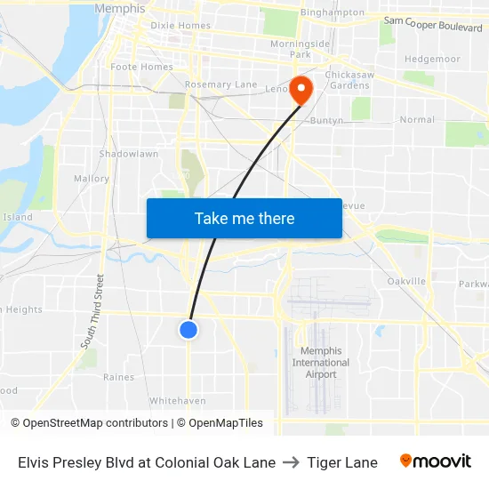 Elvis Presley Blvd at Colonial Oak Lane to Tiger Lane map
