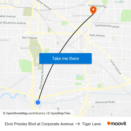 Elvis Presley Blvd at Corporate Avenue to Tiger Lane map