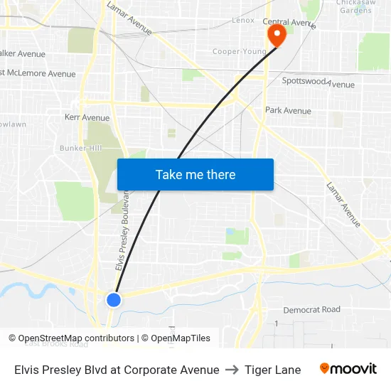 Elvis Presley Blvd at Corporate Avenue to Tiger Lane map