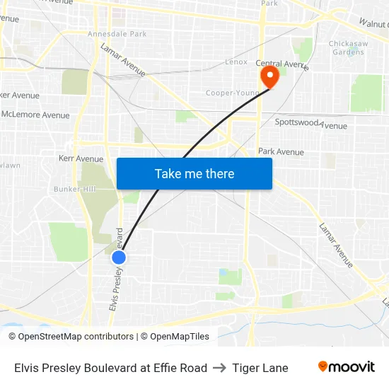 Elvis Presley Boulevard at Effie Road to Tiger Lane map