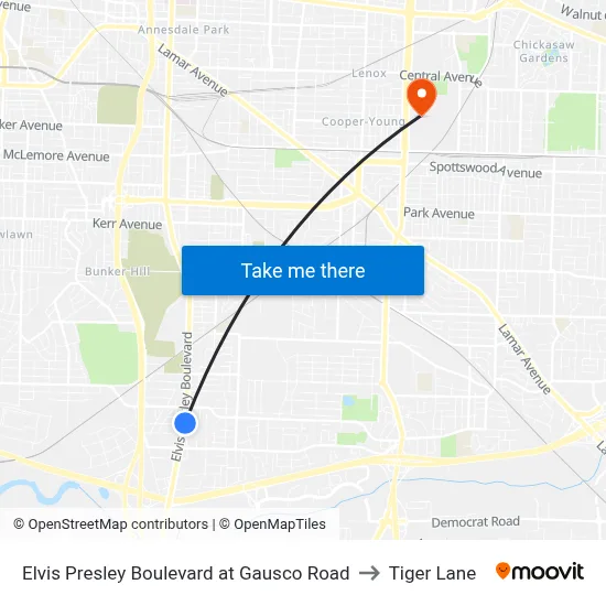 Elvis Presley Boulevard at Gausco Road to Tiger Lane map