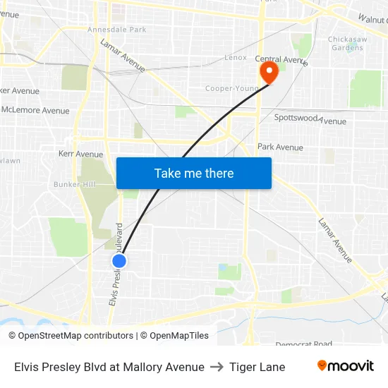 Elvis Presley Blvd at Mallory Avenue to Tiger Lane map