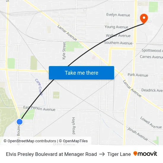 Elvis Presley Boulevard at Menager Road to Tiger Lane map