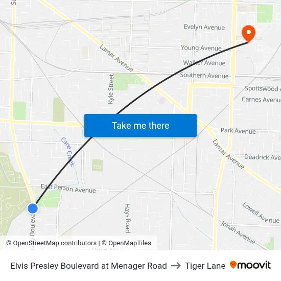 Elvis Presley Boulevard at Menager Road to Tiger Lane map