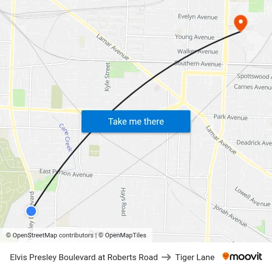 Elvis Presley Boulevard at Roberts Road to Tiger Lane map