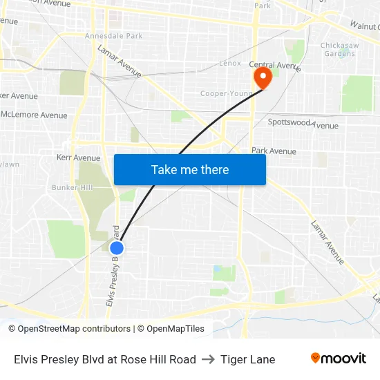 Elvis Presley Blvd at Rose Hill Road to Tiger Lane map