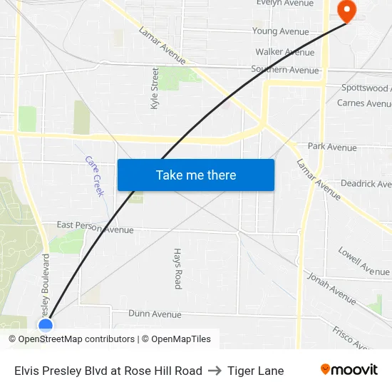 Elvis Presley Blvd at Rose Hill Road to Tiger Lane map