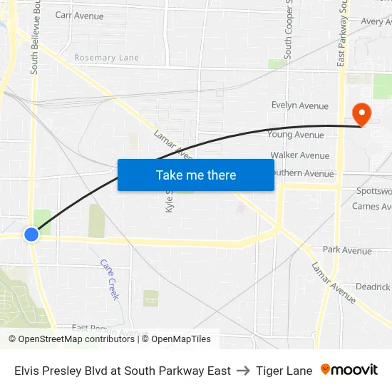 Elvis Presley Blvd at South Parkway East to Tiger Lane map