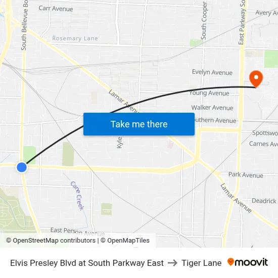 Elvis Presley Blvd at South Parkway East to Tiger Lane map