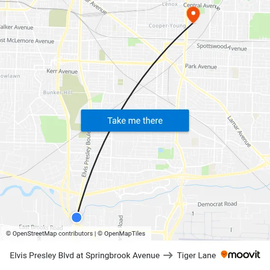 Elvis Presley Blvd at Springbrook Avenue to Tiger Lane map
