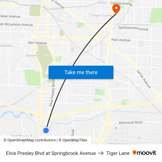 Elvis Presley Blvd at Springbrook Avenue to Tiger Lane map