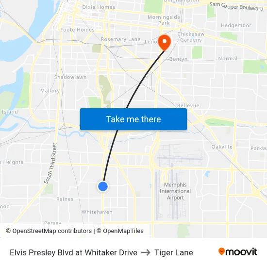 Elvis Presley Blvd at Whitaker Drive to Tiger Lane map