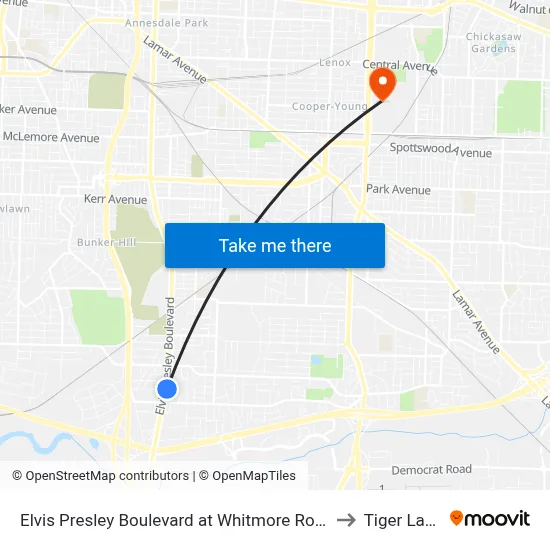 Elvis Presley Boulevard at Whitmore Road to Tiger Lane map