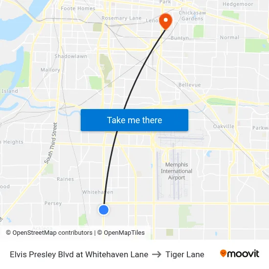 Elvis Presley Blvd at Whitehaven Lane to Tiger Lane map