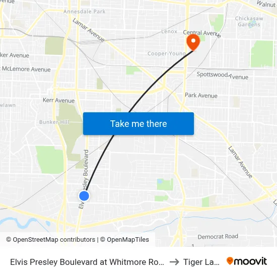 Elvis Presley Boulevard at Whitmore Road to Tiger Lane map