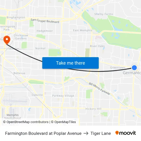 Farmington Boulevard at Poplar Avenue to Tiger Lane map