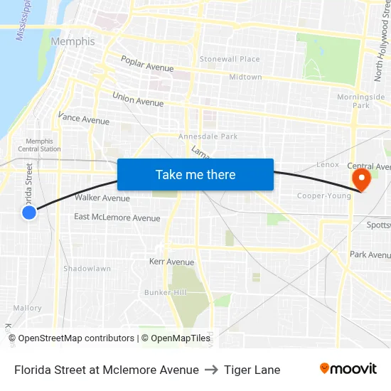 Florida Street at Mclemore Avenue to Tiger Lane map