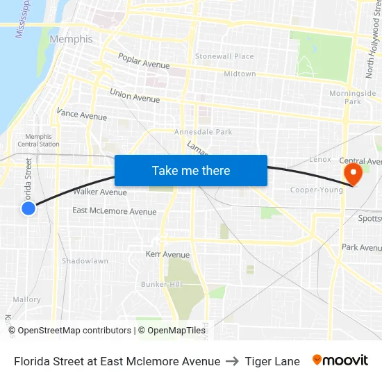 Florida Street at East Mclemore Avenue to Tiger Lane map
