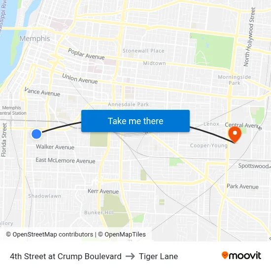 4th Street at Crump Boulevard to Tiger Lane map