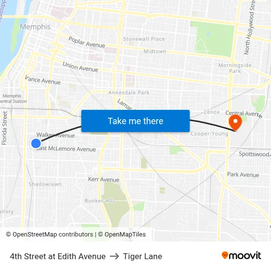 4th Street at Edith Avenue to Tiger Lane map