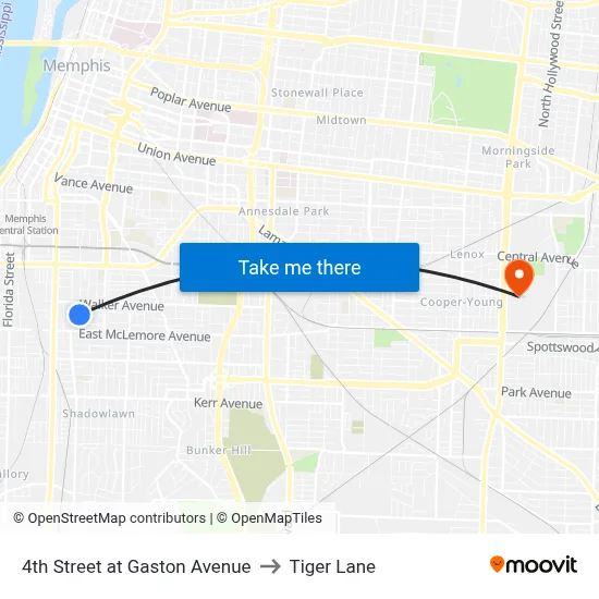4th Street at Gaston Avenue to Tiger Lane map