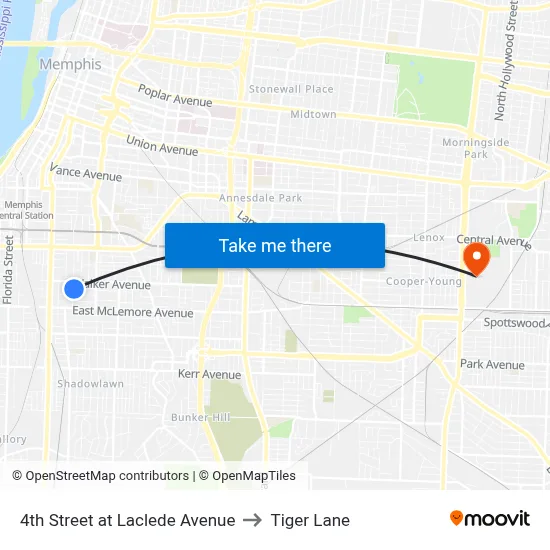 4th Street at Laclede Avenue to Tiger Lane map