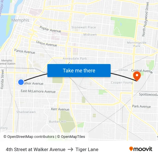 4th Street at Walker Avenue to Tiger Lane map