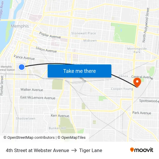 4th Street at Webster Avenue to Tiger Lane map