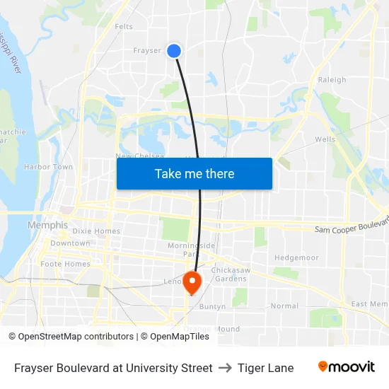 Frayser Boulevard at University Street to Tiger Lane map