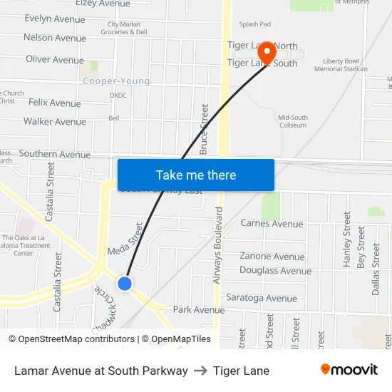 Lamar Avenue at South Parkway to Tiger Lane map