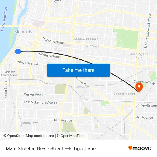 Main Street at Beale Street to Tiger Lane map