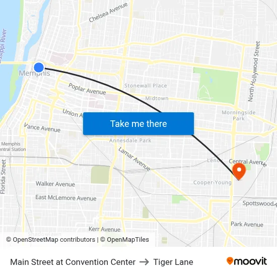 Main Street at Convention Center to Tiger Lane map