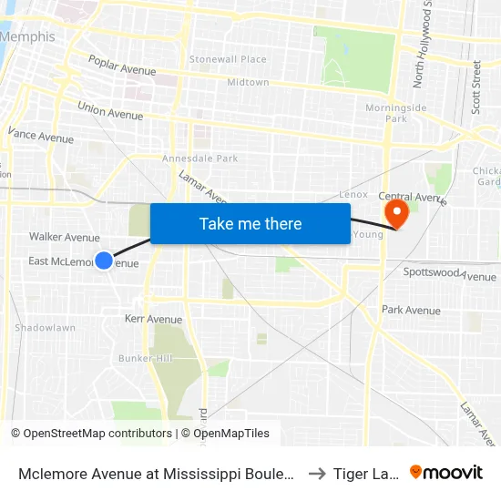 Mclemore Avenue at Mississippi Boulevard to Tiger Lane map