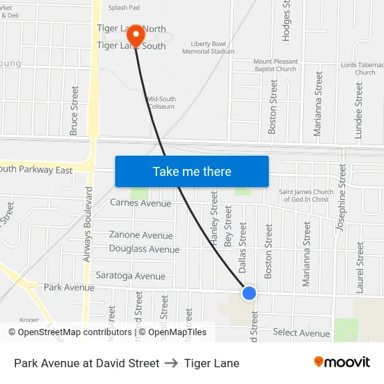 Park Avenue at David Street to Tiger Lane map